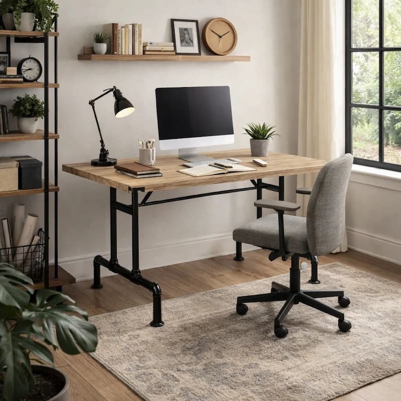 Ada 64 Inch Solid Wood Dining Table, Metal Frame, Rectangular, Brown