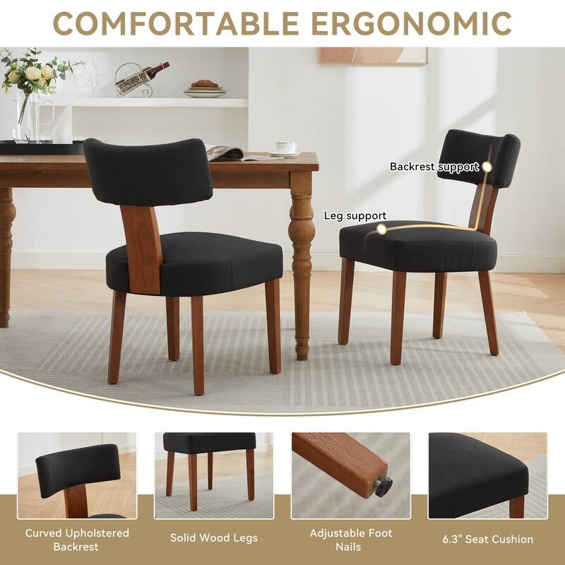 Modern Linen Upholstered Armless Dining Chairs Set of 2 with Curved Backrest and Solid Wooden Legs