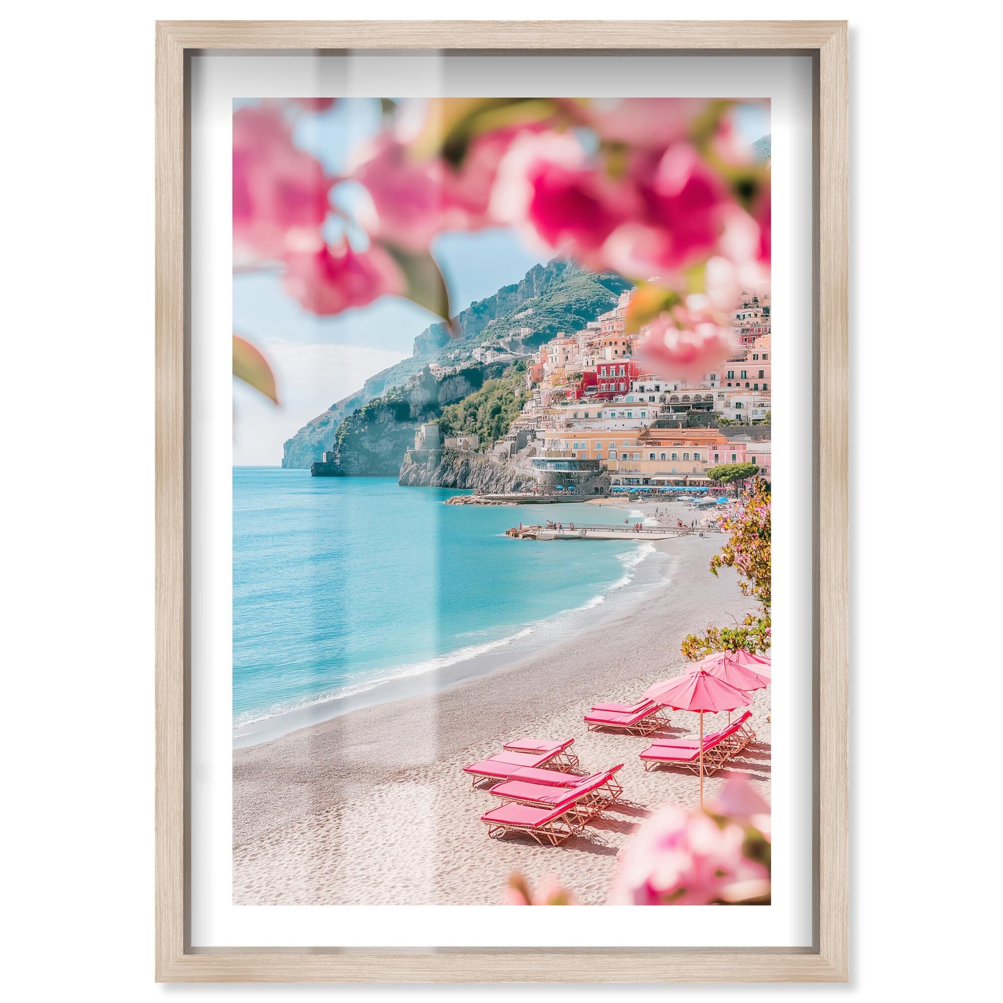 Pink Umbrellas II Travel Photography Shadowbox Print by Notoriart