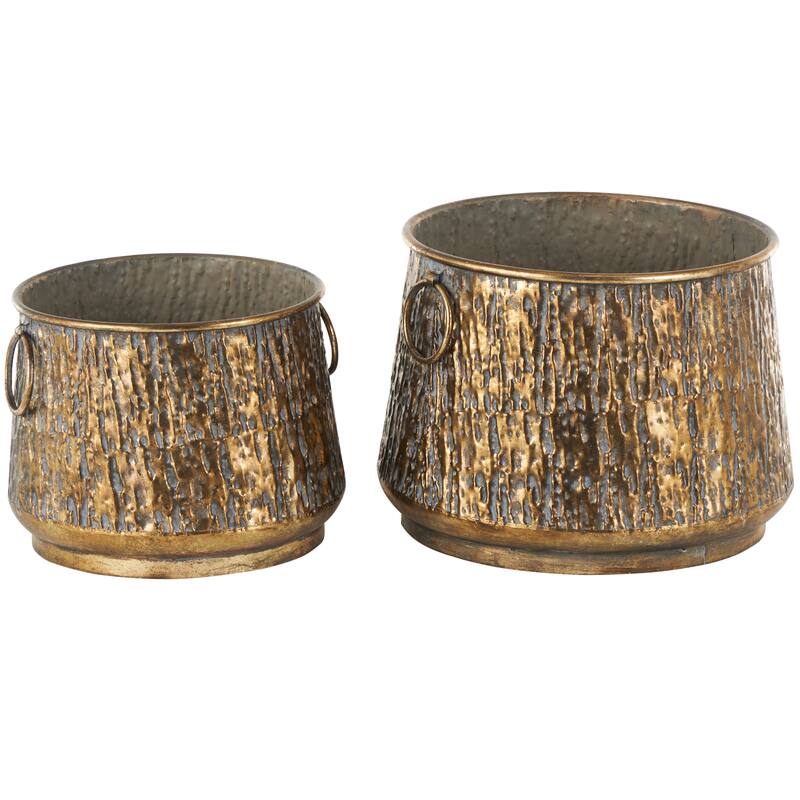 Brass Metal Textured Abstract Indoor Outdoor Planter with Gray Weathered Spots and Ring Handles (Set of 2)