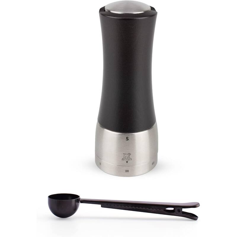 Peugeot Madras U'Select Shaftless 6-1/2-Inch Salt Mill Gift Set, Chocolate - With Stainless Steel Spice Scoop & Clip - Black - 2 Piece