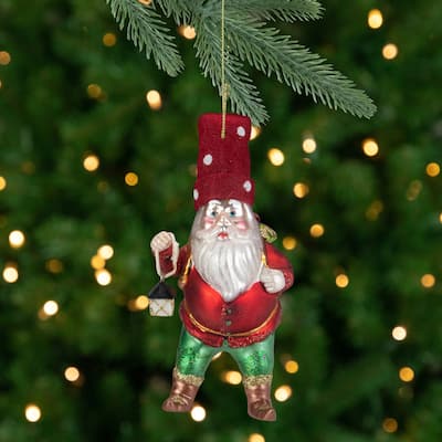 6" Gold and Red Gnome with Lantern and Flower Basket Glass Christmas Ornament