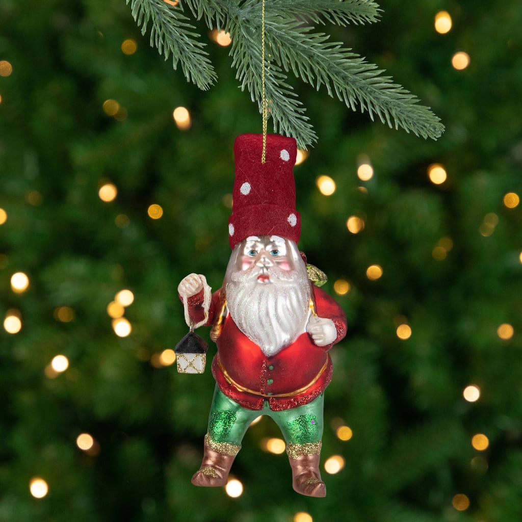 6" Gold and Red Gnome with Lantern and Flower Basket Glass Christmas Ornament