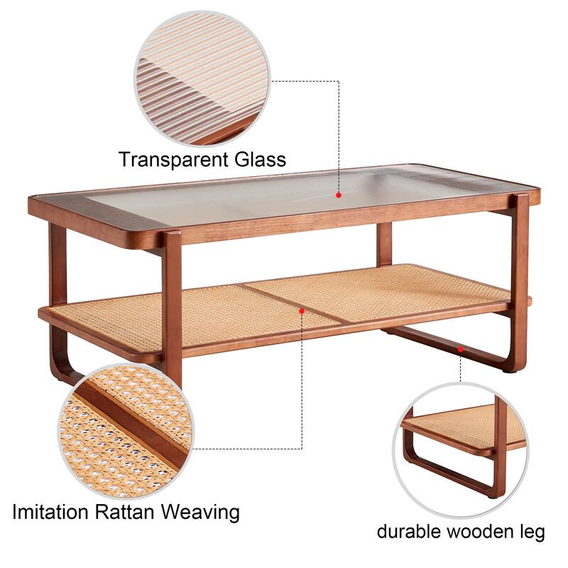 Roomfitters Walnut Solid Wood Coffee Table with Rattan Shelf, Glass Top Rectangle Tea Table for Living Room or Bedroom