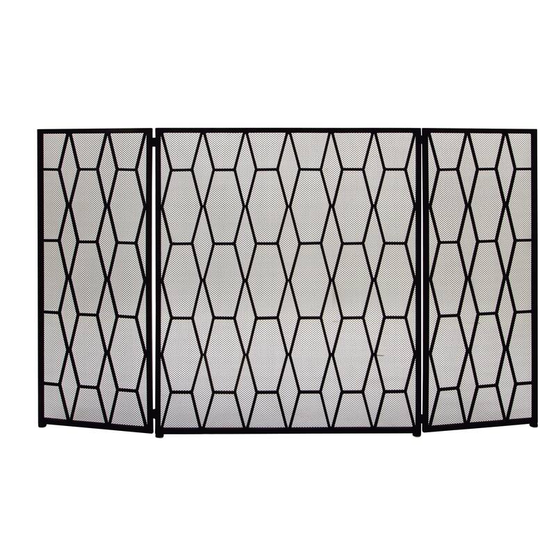 Black Metal Foldable Mesh Netting 3 Panel Geometric Fireplace Screen