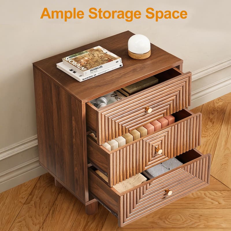 Brown 3-Drawer Nightstand with Solid Wood Legs