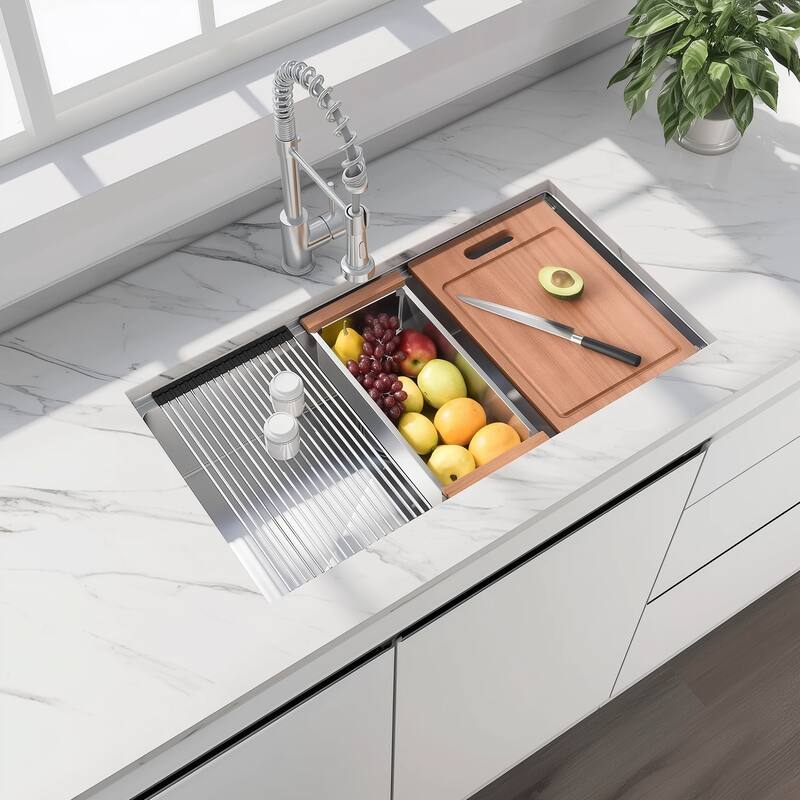 Undermount Workstation Sink Kitchen Sink 18 Gauge, Handmade Radius Deep Undermount Single Bowl Sink with Accessories