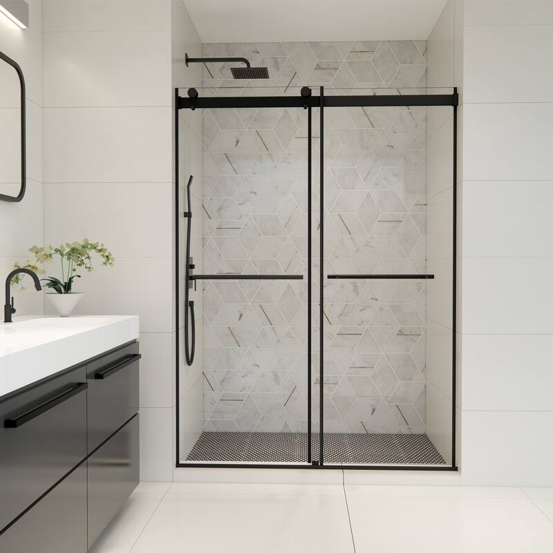 Altair Belizzi By Pass Frameless Shower Door in Matte Black Finish with Clear Glass