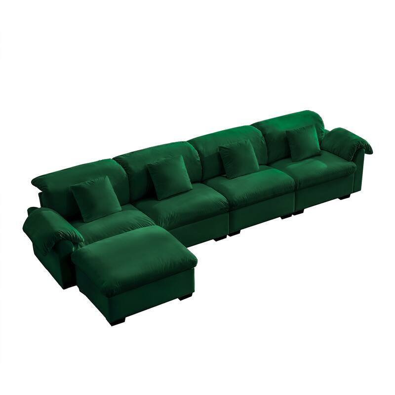 154.7" Velvet L-Shaped Sectional Sofa with Cloud Cushions & Ottoman