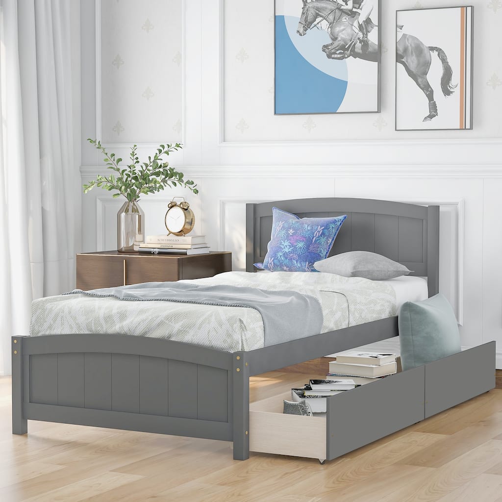 Twin Size Gray Platform Bed with Two Drawers, Solid Pine Wood Frame, Minimalist Design