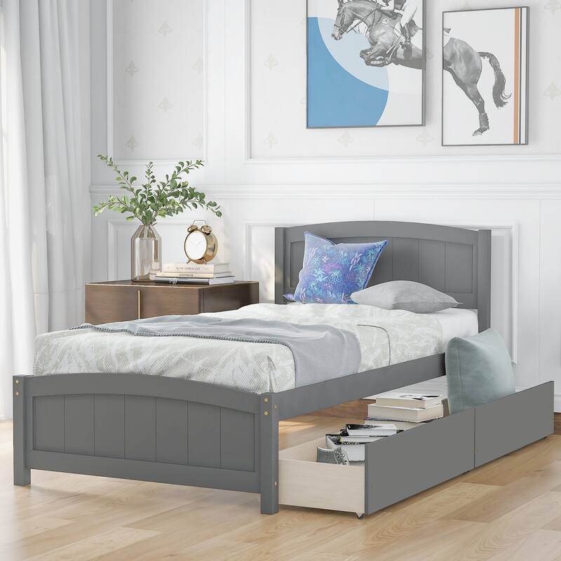 Wood Twin Size Platform Bed Solid Construction Twin Bed Frame - Grey/ Drawers - Twin