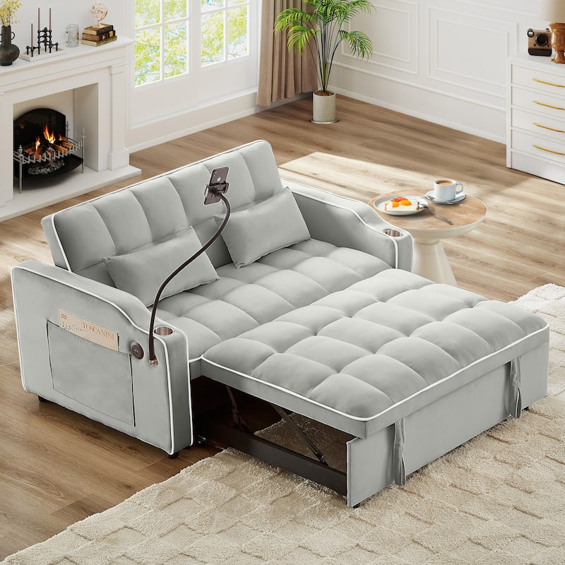 Anmytek Velvet Foldable Double Seat Recliner Sleeper Sofa Bed with USB Port and Side Pockets