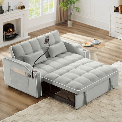 Anmytek Velvet Foldable Double Seat Recliner Sleeper Sofa Bed with USB Port and Side Pockets