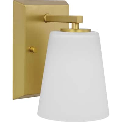 Vertex Collection One-Light Brushed Gold Etched White Glass Contemporary Bath Light - 4.75 in x 6.25 in x 7.5 in