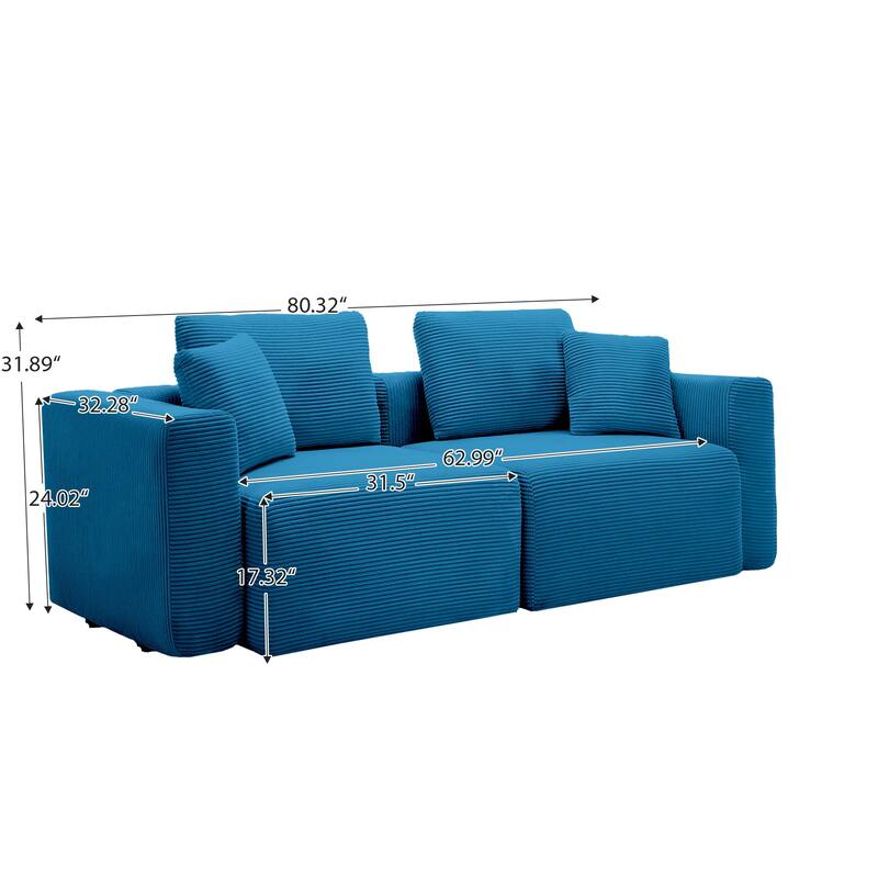 Corduroy Sectional Loveseats with Square Arms & Thick Cushions