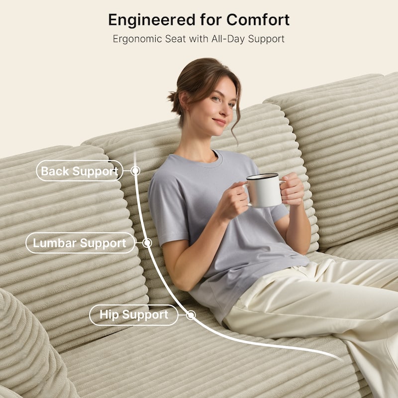 105" Cloud Sectional Couch with L-Shape Chaise, Modular Boneless Sofa, Upholstered Corduroy Couch