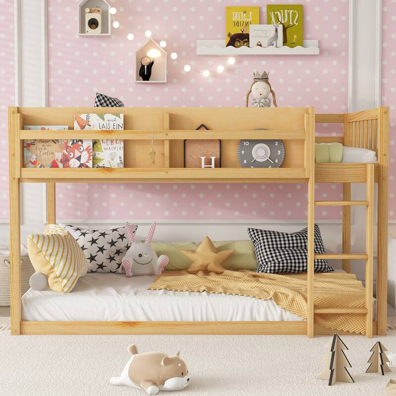 Roomfitters Twin Over Twin Bunk Bed, Low Floor Loft Platform Bed and Shelf with Wooden Frame for Bedroom