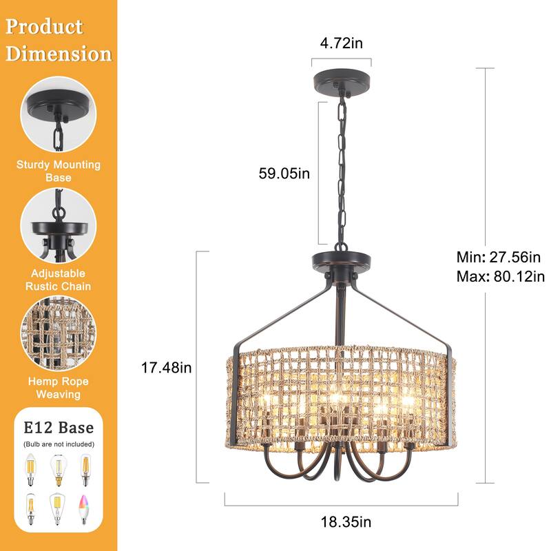 18.35inch 5 Lights Adjustable Height Bohemian Chandelier with Hand Woven Rattan Shade Suitable for Multiple Rooms
