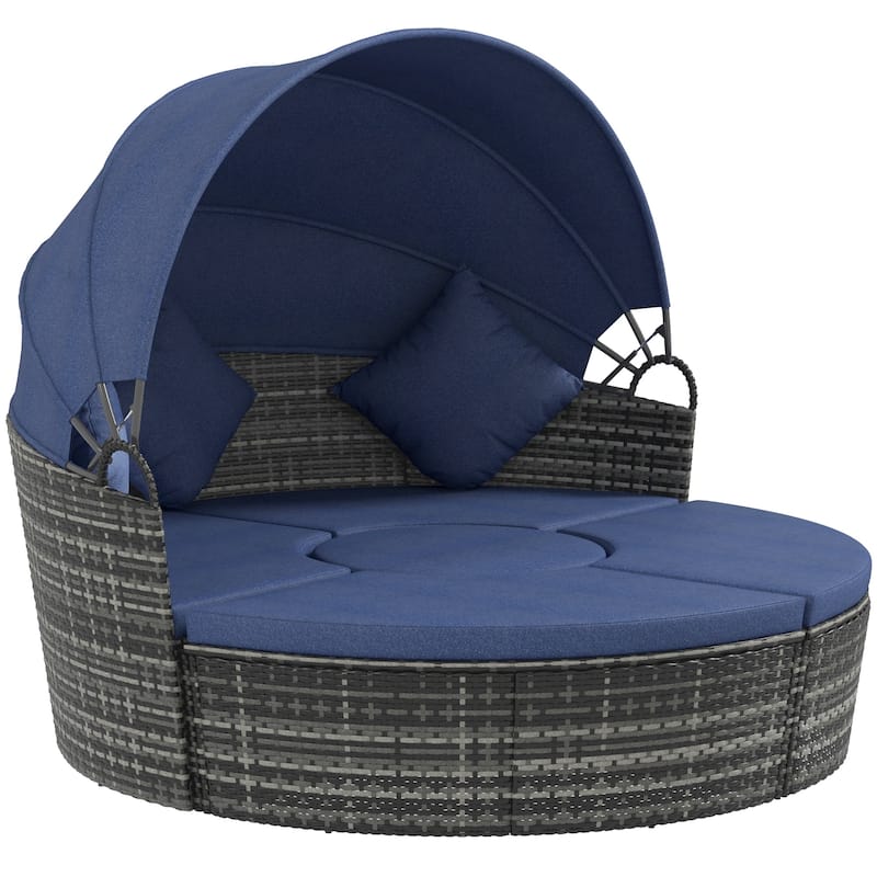 Outsunny 4-Piece Rattan Patio Furniture Set, Round Convertible Daybed or Sunbed with Adjustable Sun Canopy