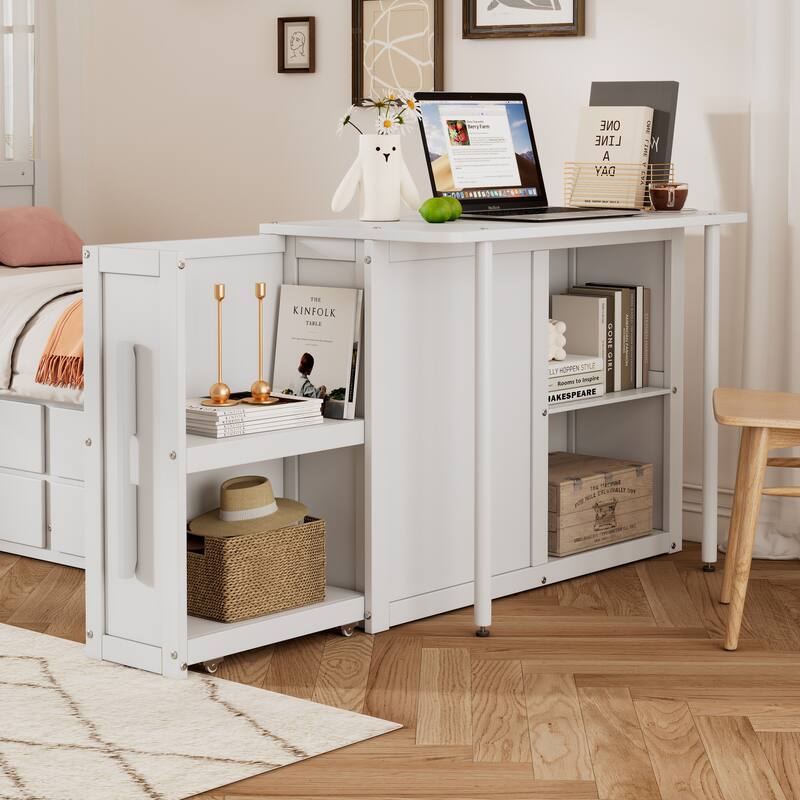 Twin Size Multifunctional Wood Platform Bed with Desk, Storage, and Trundle