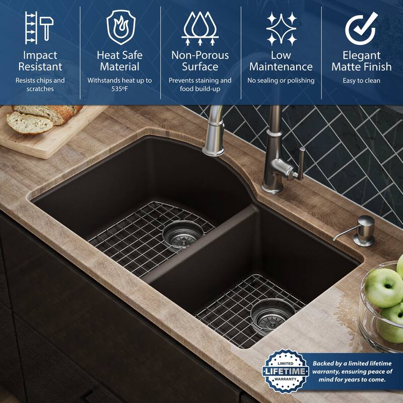 Karran Undermount Quartz 32 in. 60/40 Double Bowl Kitchen Sink Kit