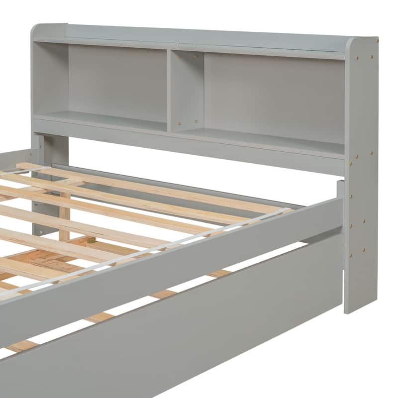 Wood Platform Bed with Storage Headboard and Trundle