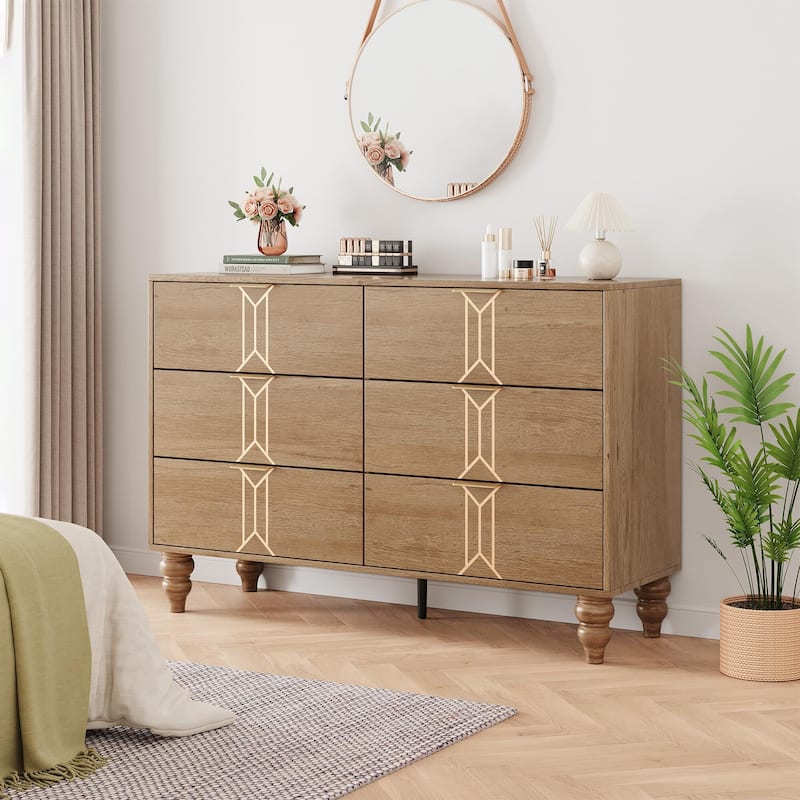 Modern Wooden 5/6 Drawer Dresser with Vintage Pattern Design - Oak+Gold_6-drawer - 6-drawer