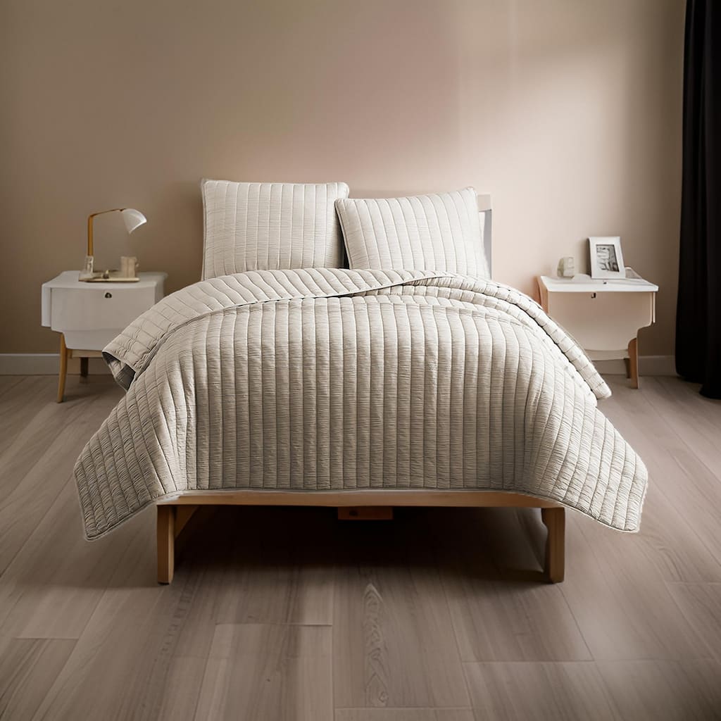 3 Piece Crinkle Queen Size Coverlet Set with Vertical Stitching, Pink