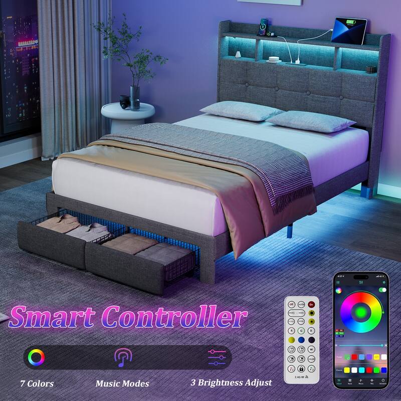 King Size Upholstered Platform Bed with LED Lights, Charging Station & Storage Headboard, No Box Spring Needed