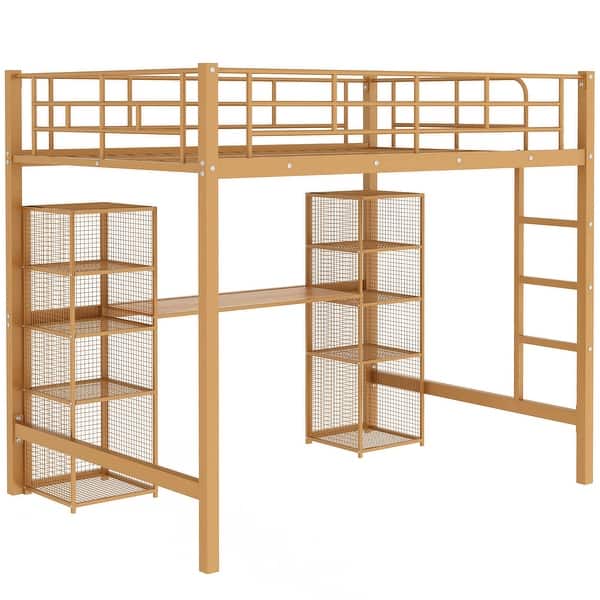 slide 2 of 28, Modern Design Full Size Loft Bed with Built-in Ladder,Metal Desk and Shelves Gold+Brown