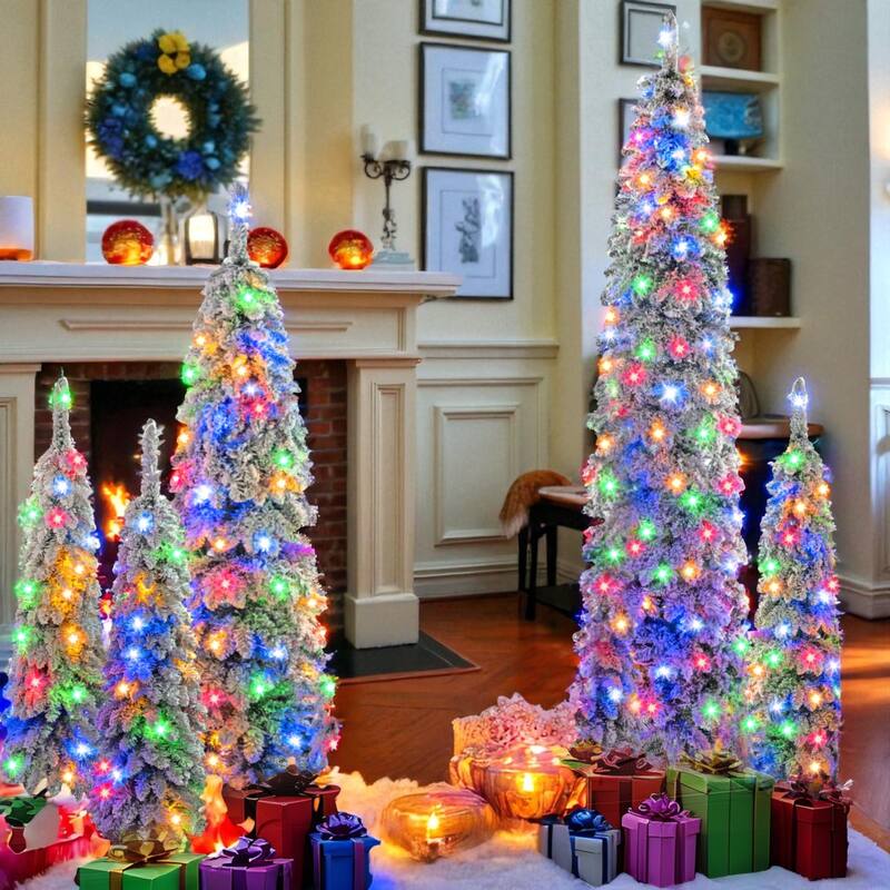5-Piece Pre-Lit Pencil Christmas Tree Set, Snow Flocked Slim Xmas Trees with 350 LED Lights and 1820 Tips
