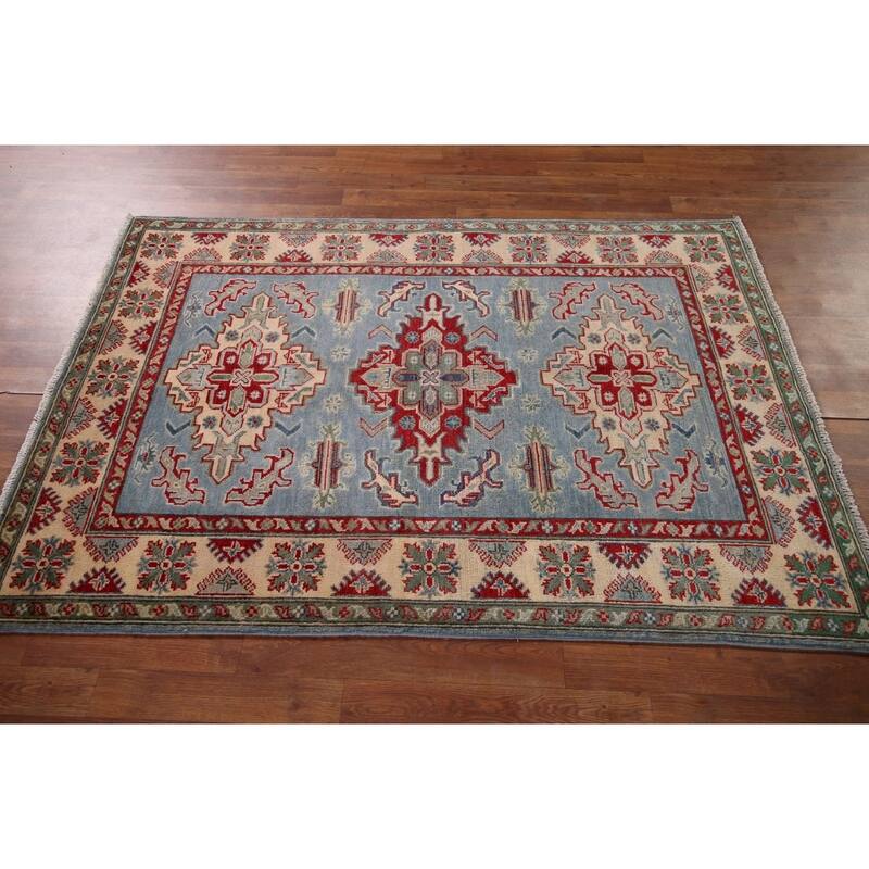 Light Blue Kazak Oriental Foyer Rug Handmade Wool Carpet - 4'1" x 5'11"