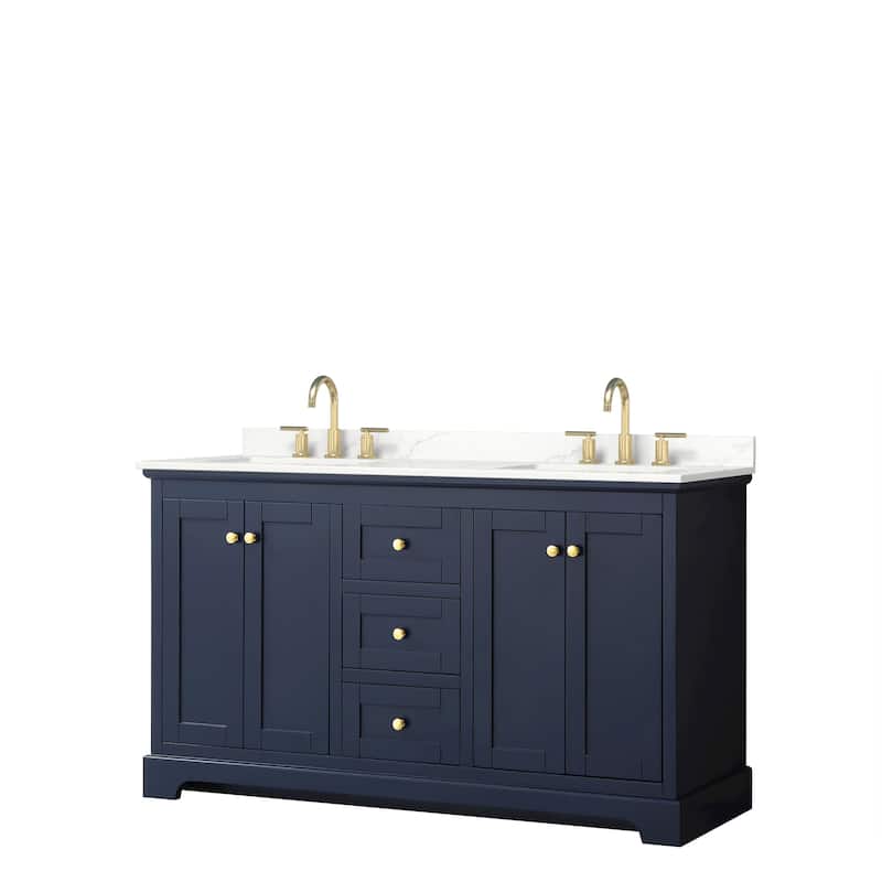 Avery 60-inch Double Vanity, Quartz Top - Dark Blue, Gold Trim, Giotto Quartz Top