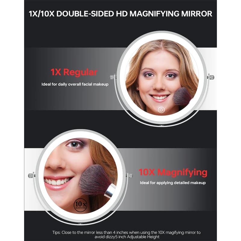 9" Lighted Makeup Double Sided 1X/10 Magnification Mirror, 3 Lighting