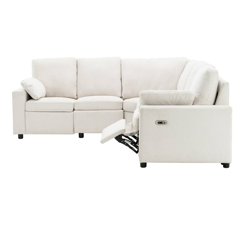 88.9" Linen Power Recliner Sectional 5-Seat Sofa with USB Ports and Storage Drawers