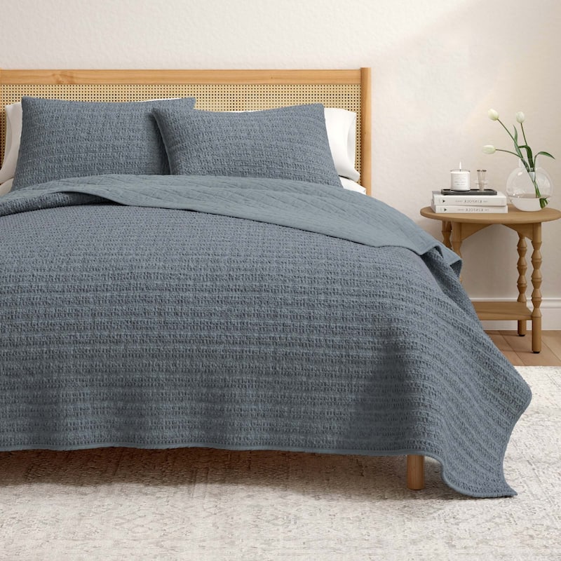 Linery & Co. Cotton Honeycomb Waffle Garment Washed Quilt Set - Denim Blue - King