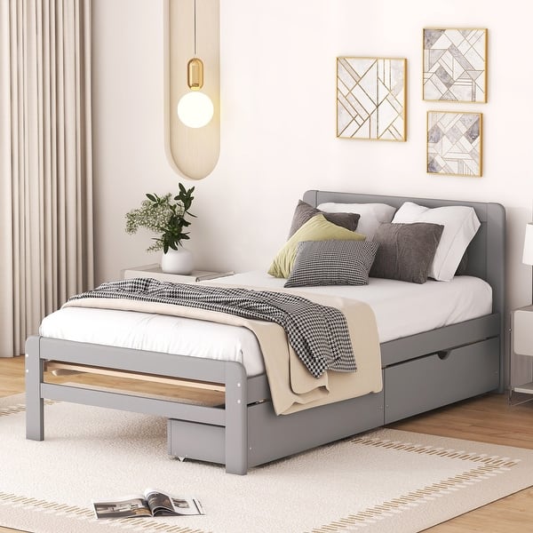slide 2 of 9, Modern Twin Size Platform Bed Frame with 2 Storage Drawers, Solid Wood Twin Storage Bed Frame with Headboard for Kids Boys Girls Grey - Twin
