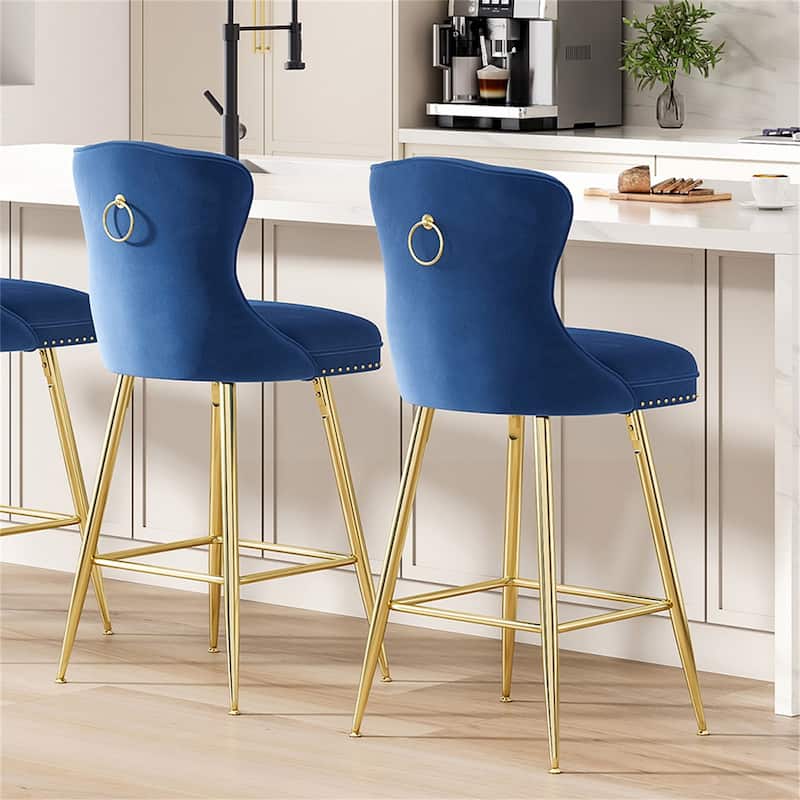 Velvet Bar Stools with Metal Legs, Button Tufted and Nailheads Trim (Set of 2)