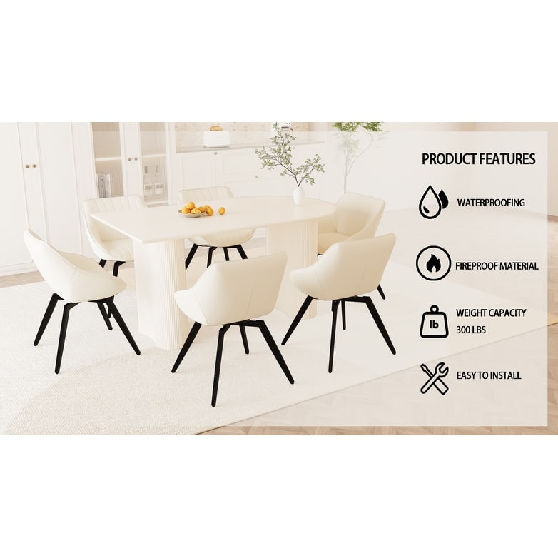 Modern Round Dining Table Set with Carved Legs and PU Leather Chairs, 7-Piece Kitchen Table Set for 4 for Dining Room