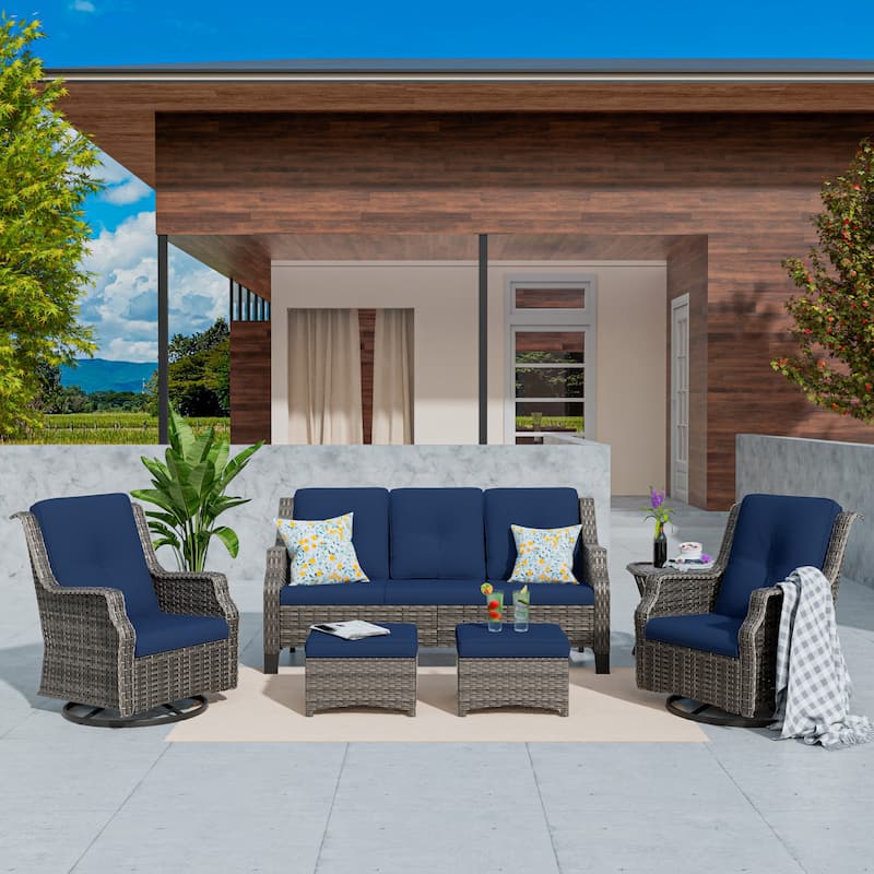 Cozywor 6-Piece Outdoor Patio Swivel Rocking Wicker Conversation Lounge Chairs with Side Table and Ottoman