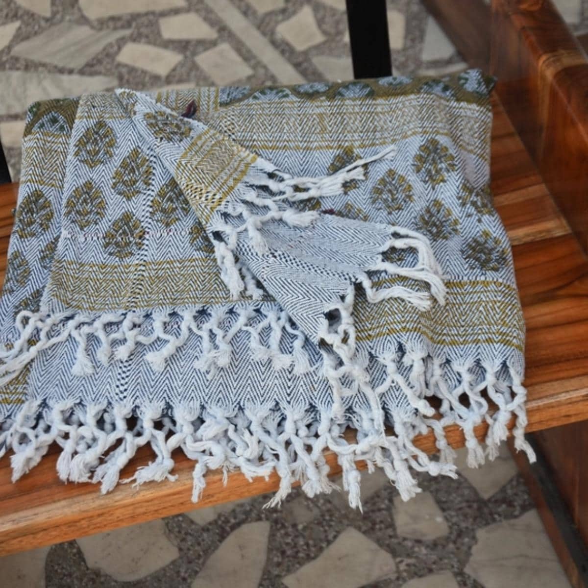 Fabdivine Betal Leaf Handwoven Cotton Blanket - Artisan Block Print Home Accent, Boho Living Room & Bedroom Throw, 90" x 54"