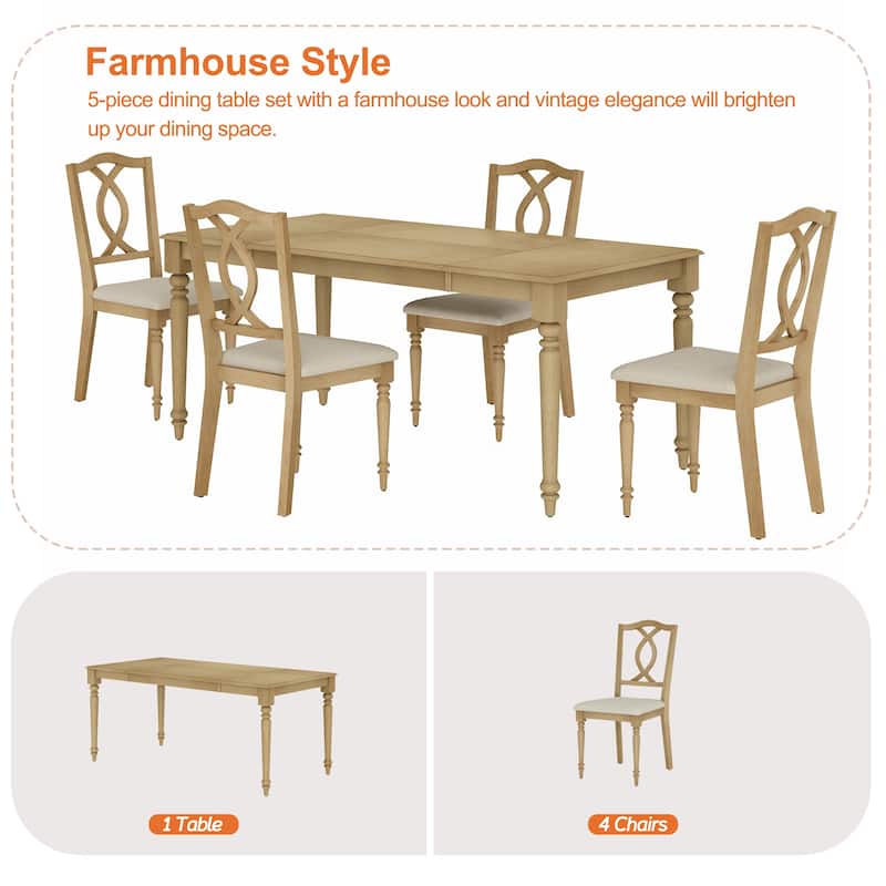Farmhouse Dining Table Set, Wood Dining Table & Cross-Back Chairs, Oak