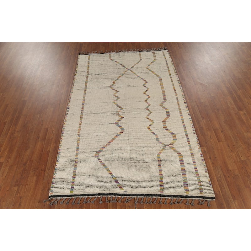 Ivory Moroccan Oriental Area Rug Handmade Wool Carpet - 5'3"x 8'5"