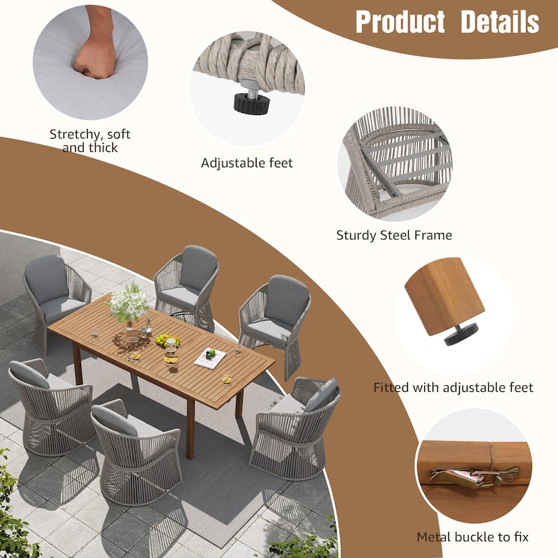 Extendable Wood Outdoor Dining Table Set with 6 PE Wicker Chairs
