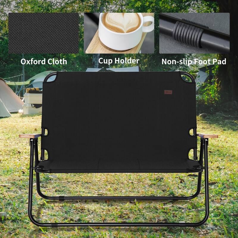 Black Steel and Oxford Cloth Folding Loveseat Camping Chair with Cup Holders - 45" W x 26.5" D x 31.5" H