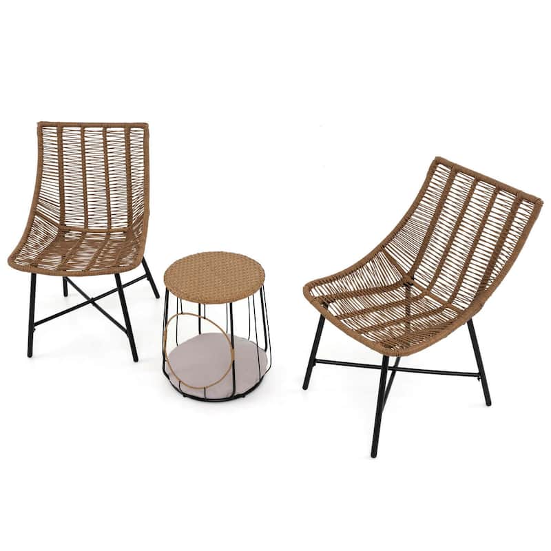 3 PCS Outdoor Furniture Set Patio Armless Chairs w/ Coffee Table - Brown