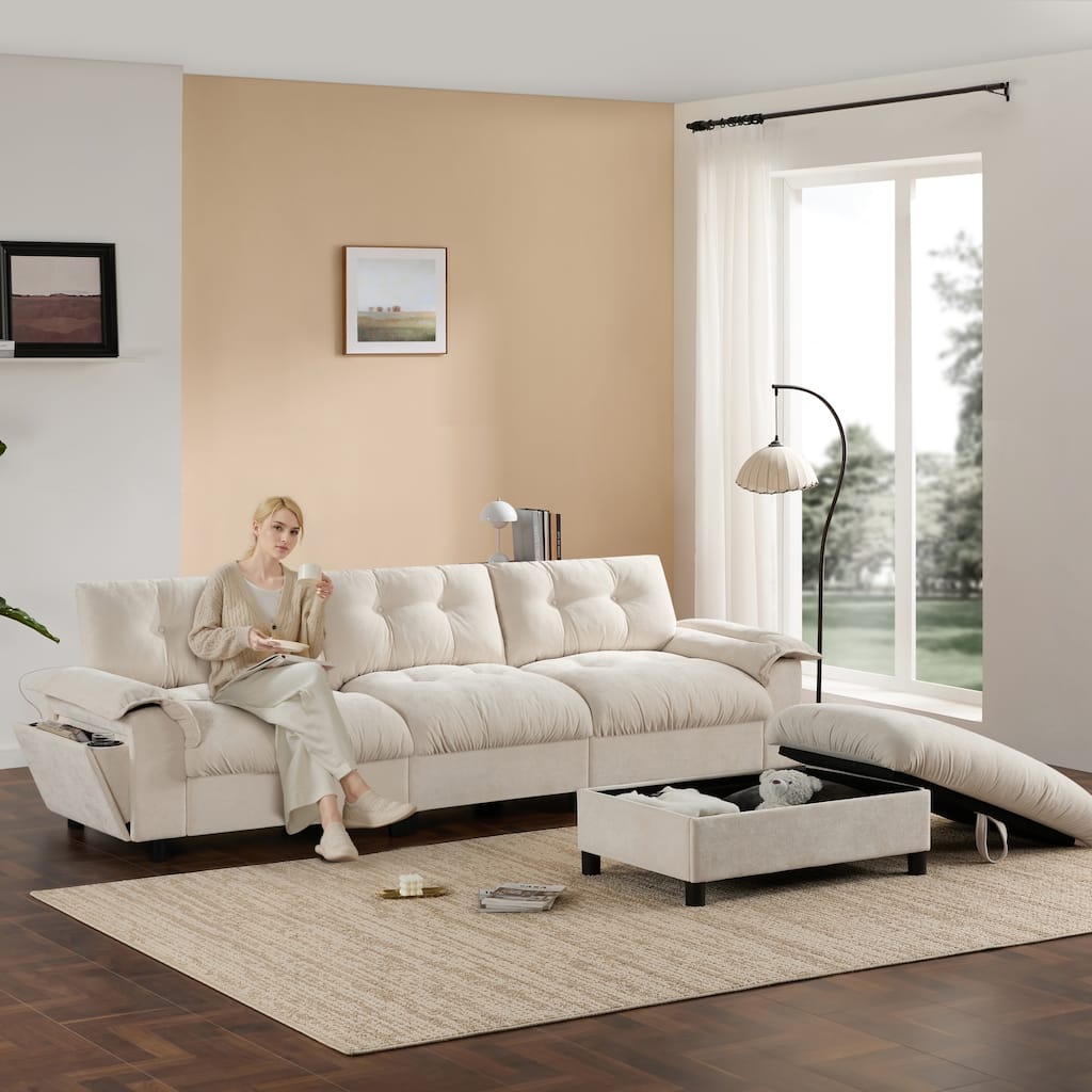 L-Shape Sectional Sofa with Multifunctional Armrest