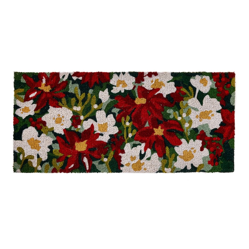 1'6"x3'3" Red and White Poinsettia Flowers Rectangle Indoor and Outdoor Estate Coir Door Welcome Mat Green Background