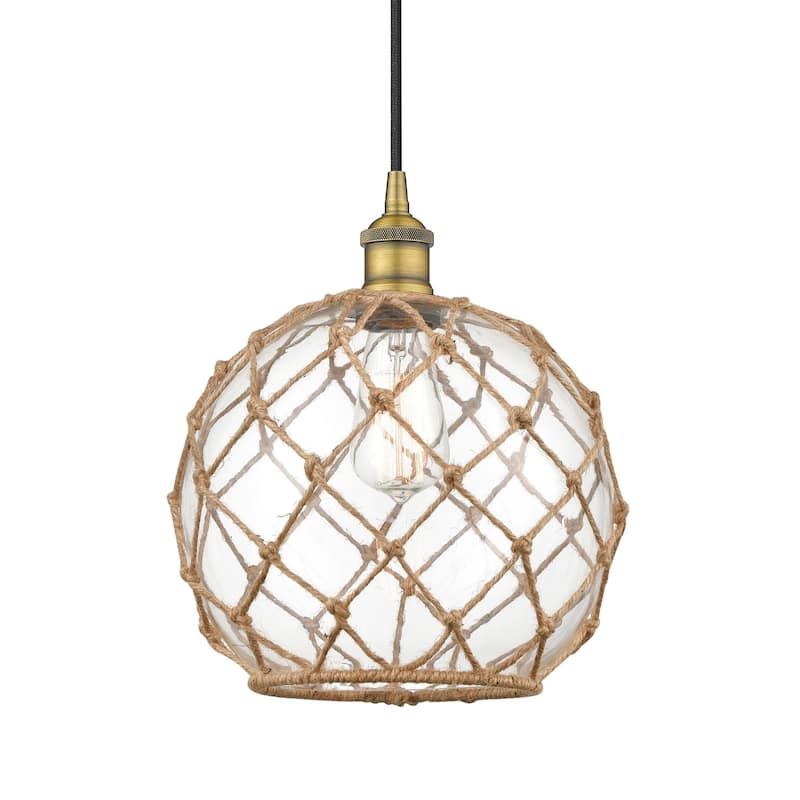 Innovations Lighting 616-1P-13-10 Farmhouse Pendant Farmhouse 10" Wide - Brushed Brass / Clear Glass / Brown Rope
