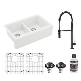 Karran All in One Apron Front Quartz 34 in. Double Bowl 50/50 Kitchen Sink in White with Faucet KKF220 in Matte Black